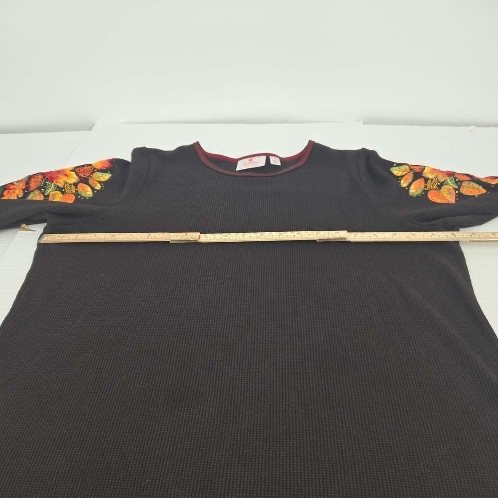Quacker Factory Waffle Knit Top Women 1X Black Fall Leaves Embroidered Casual - Picture 8 of 11